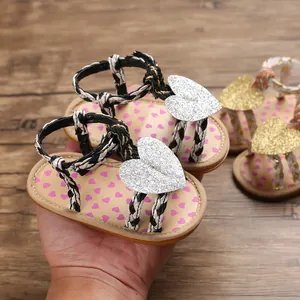Close-up of silver glitter heart detail on braided strap baby summer sandals