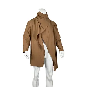 Herren-Umhang aus Baumwoll-Leinen in Braun mit asymmetrischem Design und Stehkragen