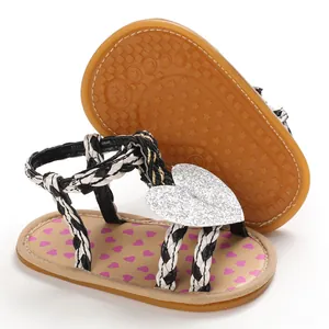 Detail view of baby girl summer sandals featuring silver glitter heart and gum sole