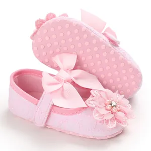 Adorable pink baby princess walking shoes with soft sole, bow and floral detail