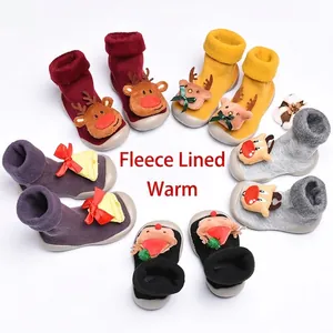 Calcetines para caminar de bebé con forro polar cálido y diseños de renos navideños para niños