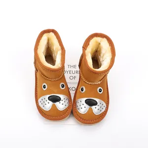 Kids Winter Snow Boots Cow Suede Cartoon Dog Bowknot Warm Plush Lining Non-Slip High Top Boots For Toddlers Boys Girls