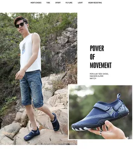 Dettaglio delle scarpe da scoglio ad asciugatura rapida da uomo in rete blu traspirante.