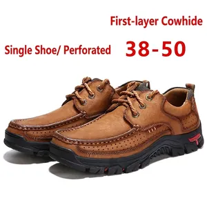 Echtes Leder Herren Freizeitschuhe Übergröße Kopfschicht Rindsleder Dicke Sohle Rutschfeste Outdoor Wanderschuhe Schnürschuhe