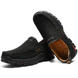 Chaussures décontractées en cuir noir pour hommes avec semelle d'extérieur robuste