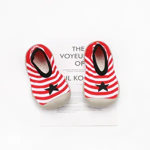 Soft sole baby walker sock shoes featuring red and white stripes with a star design