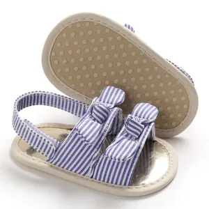 Vue détaillée de sandales pour bébé à rayures bleues avec semelles souples antidérapantes