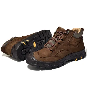 Men's brown genuine leather hiking boots with non-slip rubber soles