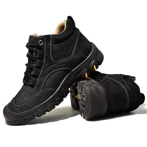 Professional mid-top black genuine leather hiking boots for men with non-slip rubber outsoles