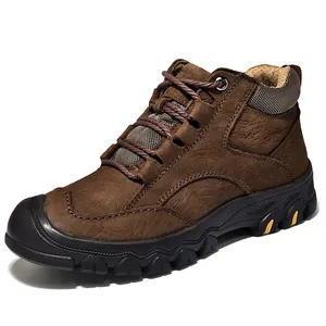 Durable brown leather mid-top hiking shoes for men with non-slip rubber soles.