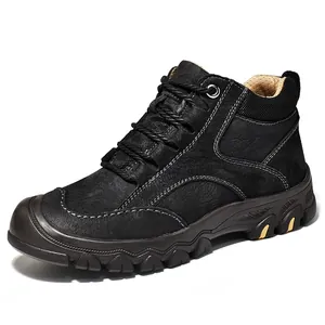 Men's black mid-cut genuine leather hiking boots with durable non-slip rubber sole