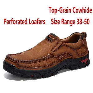 Chaussures en Cuir Décontractées pour Hommes Grande Taille Cuir de Vachette Slip-on Chaussures de Randonnée Extérieur Antidérapantes Semelle Souple