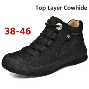 Men Outdoor Casual Genuine Leather Martin Boots Non-Slip Wear-Resistant Rubber Sole Hiking Walking Mid-Top Lace-Up Shoes