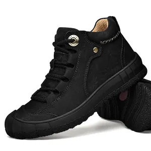 Black leather men's outdoor casual shoes with durable non-slip soft rubber sole