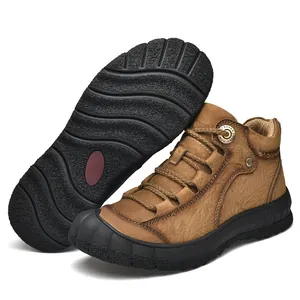 Men's brown leather outdoor casual shoes with non-slip rubber sole, available in large sizes.