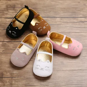 Various colors of soft-soled baby walker shoes featuring cute cartoon cat embroidery details