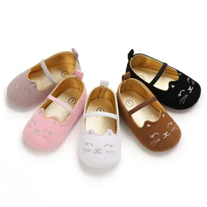 Detail view of five colors of cute cartoon cat embroidered baby walker shoes with soft soles.