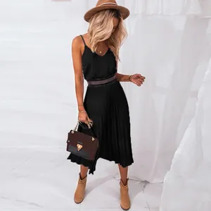 Elegant black V-neck pleated midi dress with spaghetti straps and belt for women