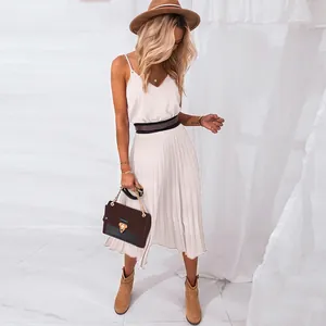 Elegant off-white V-neck pleated midi dress with spaghetti straps and high waist style.