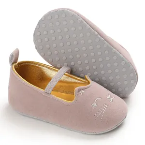 Detailed view of pink baby pre-walker shoes featuring cat embroidery and anti-slip sole