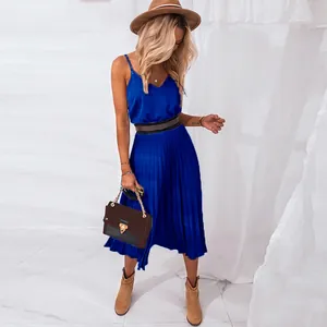 Sexy royal blue V-neck pleated midi dress with spaghetti straps for spring and summer