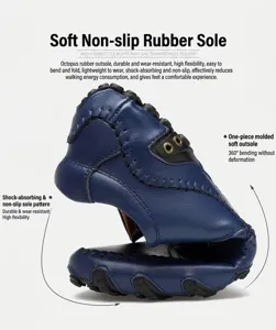 Dettaglio mocassino blu flessibile in pelle con suola in gomma