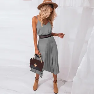Fashionable grey V-neck pleated midi dress featuring thin straps and a waist belt