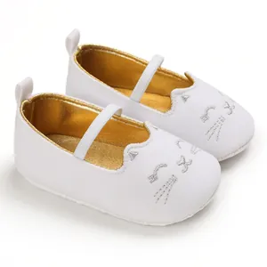 Detailed macro view of embroidered cat face on white soft-soled baby pre-walker shoes