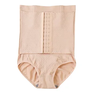 High-waist seamless tummy control shapewear with three-row hook closure in nude color