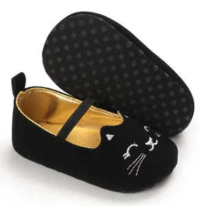 Detailed view of baby walking shoes with cat face embroidery and non-slip dotted sole