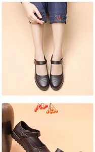 Close-up of brown leather shoes for elderly women with floral design and velcro strap.