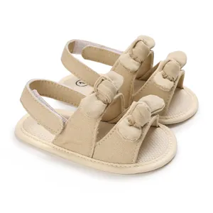 Beige baby summer sandals with double bow design and soft sole for 0-1 year olds