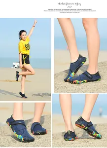Detailansichten blauer Barfuß-Wasserschuhe zum Schwimmen und Wandern am Strand