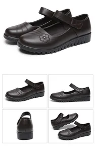 Comprehensive detail views of dark brown genuine leather Mary Jane shoes for elderly women