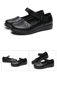 Multiple views of black leather Mary Jane shoes for elderly women with flower detail