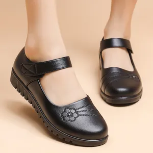 Women Genuine Leather Mother Shoes Middle-Aged Elderly Non-Slip Flat Shoes Cowhide Floral Rhinestone Velcro Casual Walking Shoes