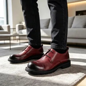 Detail van de bordeauxrode leren herenschoenen met gepolijste neus en profielzool