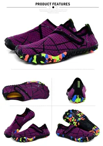 Detaillierte Mehrfachansichten violetter Wasserwanderschuhe mit Tarnmuster-Sohle.