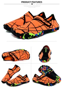 Detailansicht orangefarbener Outdoor-Wasserschuhe mit Rissmuster aus mehreren Winkeln.