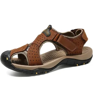 Men's Cowhide Leather Outdoor Beach Sandals Closed Toe Casual Non-Slip Walking Shoes With Magic Tape Plus Size Summer