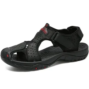 Men's premium black leather outdoor beach sandals with closed-toe and anti-slip rubber sole