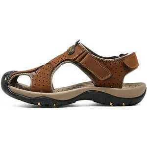 Men's outdoor leather closed-toe beach sandals with durable non-slip rubber soles