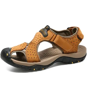 Premium men's outdoor brown cowhide sandals with breathable closed-toe anti-slip sole