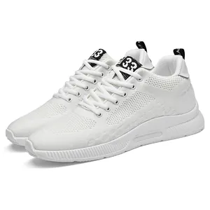 Breathable white fly-knit mesh sneakers for men featuring a 6cm hidden height increase