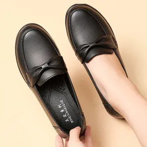 Mocasines de Cuero Genuino para Mujeres de Mediana Edad Suela Blanda Zapatos de Caminar Casuales Antideslizantes con Lazo