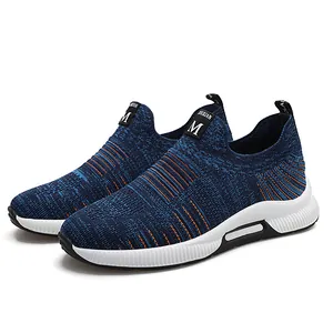 Breathable blue fly-knit sneakers with 6cm hidden height increasing thick white soles