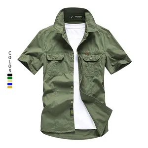 Men Short Sleeve Cotton Cargo Shirt Breathable Solid Color Casual Outdoor Button Down Shirt With Pockets Workwear Top