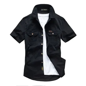 Premium men's black short-sleeved cotton cargo shirt with dual pockets on white background