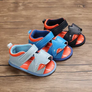 Cute shark-themed baby pre-walker sandals with soft soles for summer in three colors