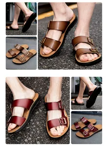 Detailansicht von Herrenledersandalen mit zwei Schnallen in Braun und Burgunderrot für den Sommer